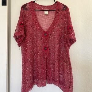 Blair Women’s Open Knit Mesh Red Over Shirt Top Boho Arsty Button Large Coverup